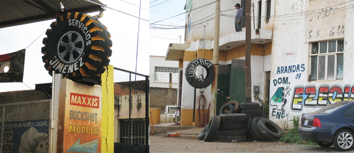 Fig.18. En el caso de las vulcanizadoras o llanteras, el mensaje es fácil de reconocer, la estrategia de comunicación es el neumático mismo, que se sitúa en el lugar que indicará el servicio. (archivo de la autora / Mónica de la Barrera).