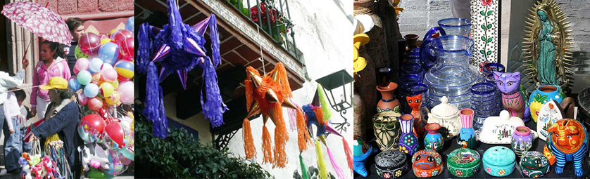 Fig. 8 Algunos objetos de uso común, como vasijas, vasos, botellas y cualquier otro contenedor, transforman su utilidad en objetos decorativos; el ejemplo de las piñatas que usamos en temporada decembrina para romper, en otros países son usadas como decoración de espacios, aun cuando no correspondan época de su consumo, pues su atractivo visual cambia su valor de uso por el de signo. Un ejemplo más es el uso del papel picado, que decora ceremonias religiosas y sin embargo se ha utilizado como decoración de interiores en diversos espacios como hoteles, restaurantes y centros comerciales. San Miguel de Allende. (archivo de la autora / Mónica de la Barrera).